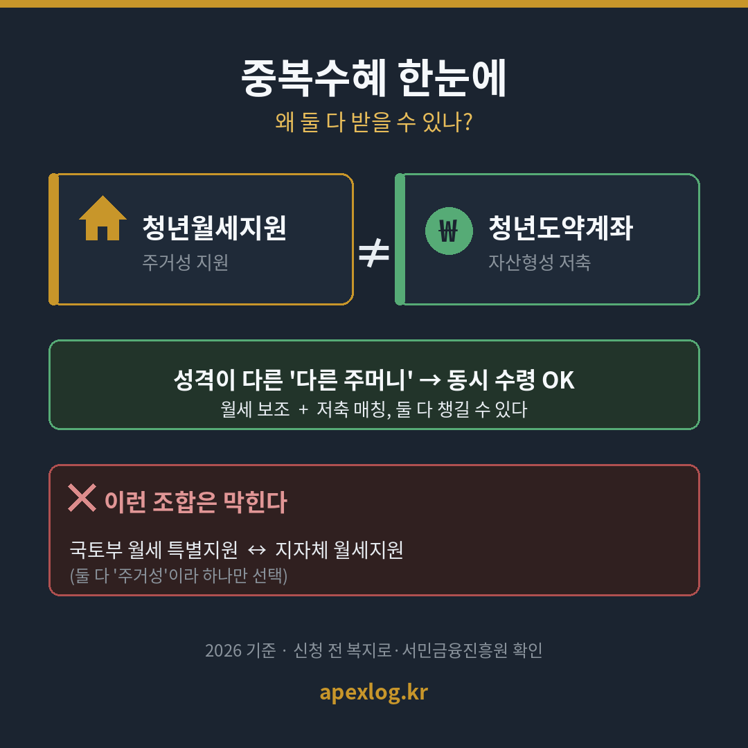 청년월세지원과 청년도약계좌 중복수혜 요약 인포그래픽