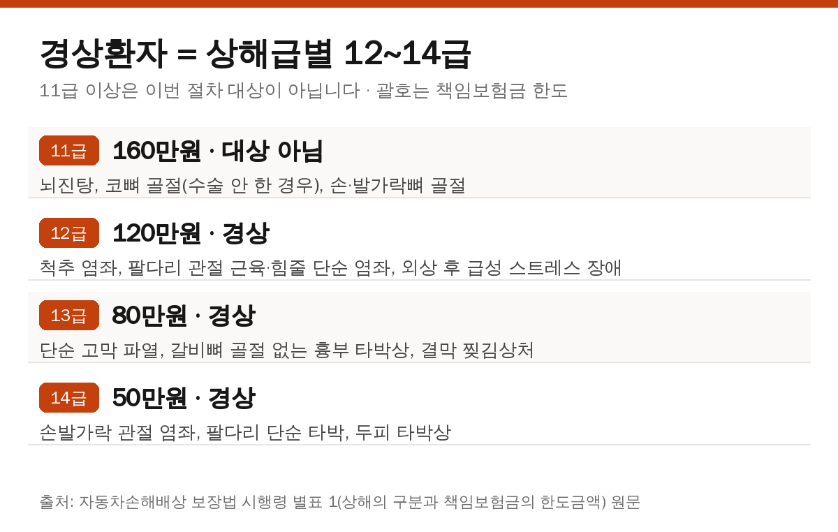 경상환자 기준 상해급별 12급 13급 14급 비교