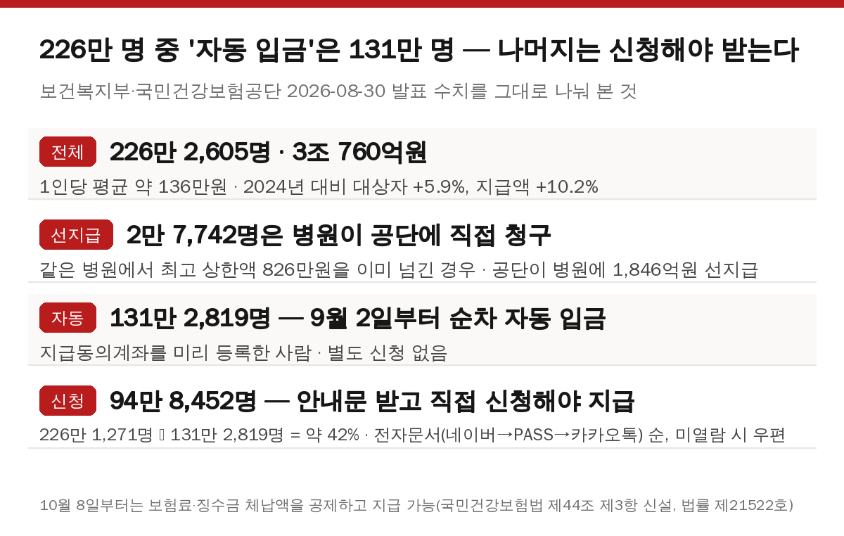 본인부담상한제 환급 대상 226만 명 중 자동 지급 131만 명, 신청 필요 95만 명 분해표